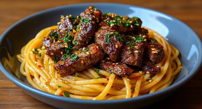 Sweet and Spicy Garlic Steak Pasta