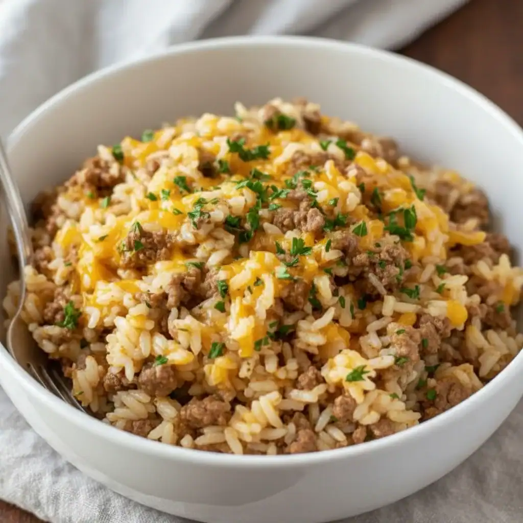 Cheesy Ground Beef And Rice Casserole