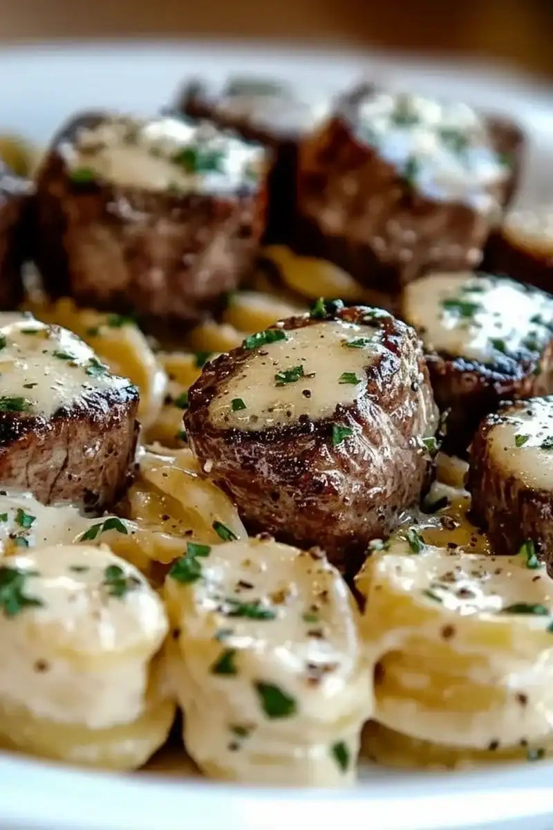 Garlic Butter Steak Bites With Creamy Pasta