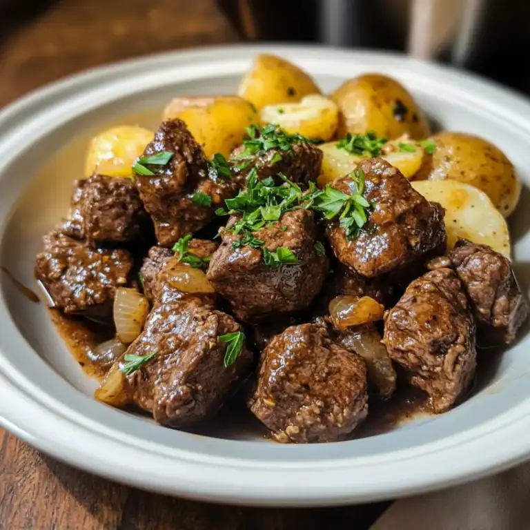 Slow Cooker Garlic Butter Beef Bites With Potatoes
