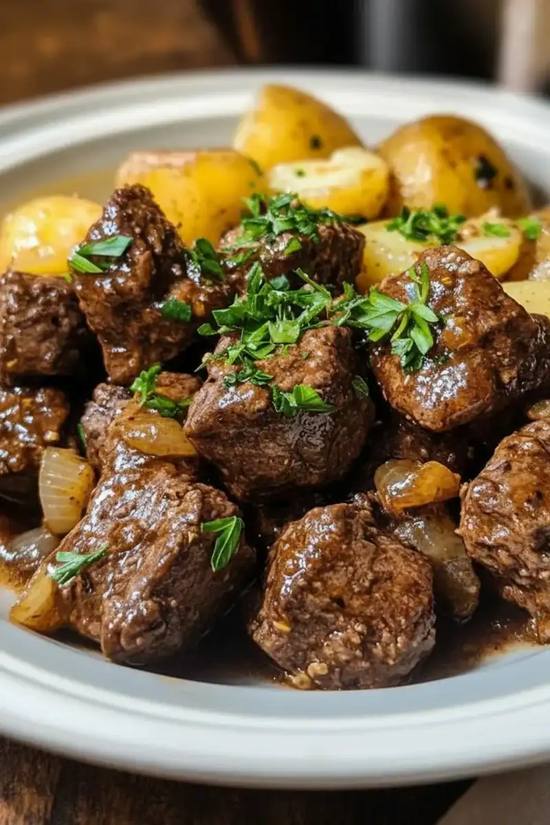 Slow Cooker Garlic Butter Beef Bites With Potatoes