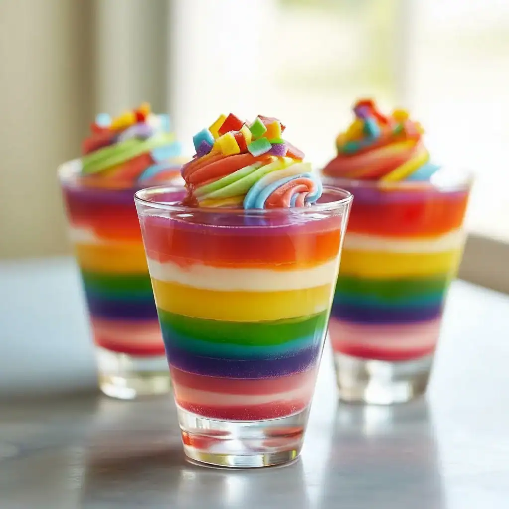Layered Rainbow Jello Cups Dessert